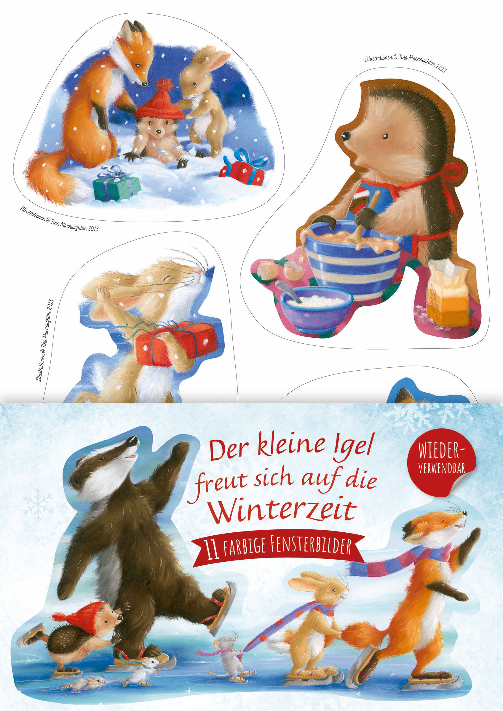 Fensterbild - Fensterbild-Set 'Kleiner Igel' - Igel Fuchs Hase Geschenke Schüssel Maus Dachs Schlittschuhe