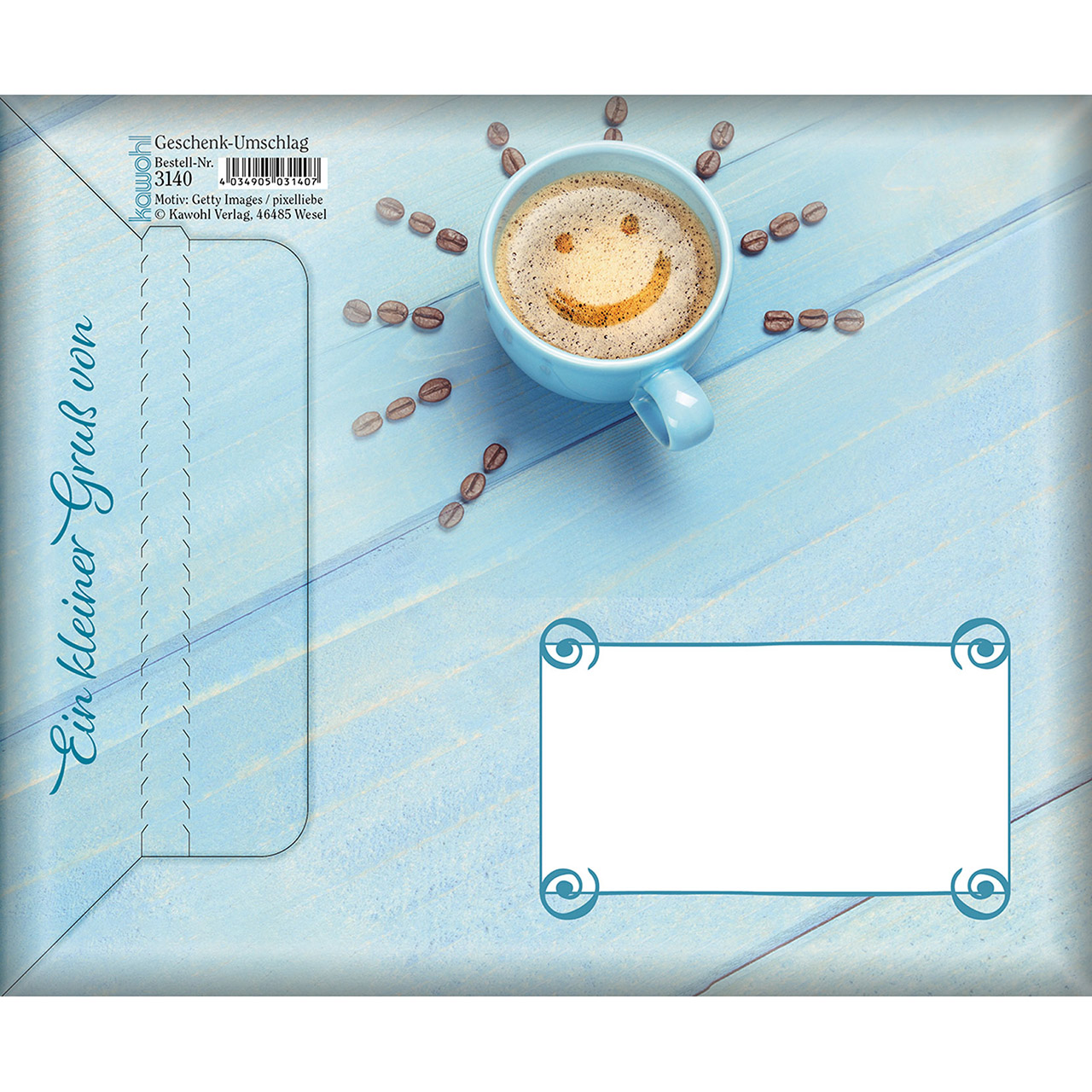 Umschlag - Ein Lächeln begleite deinen Tag - Smilie Kaffeebohnen Tasse