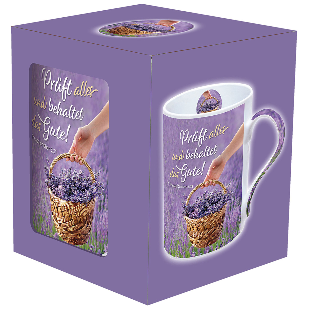 Tasse - Prüft alles und behaltet das Gute! - Feld Lavendel Korb Hand