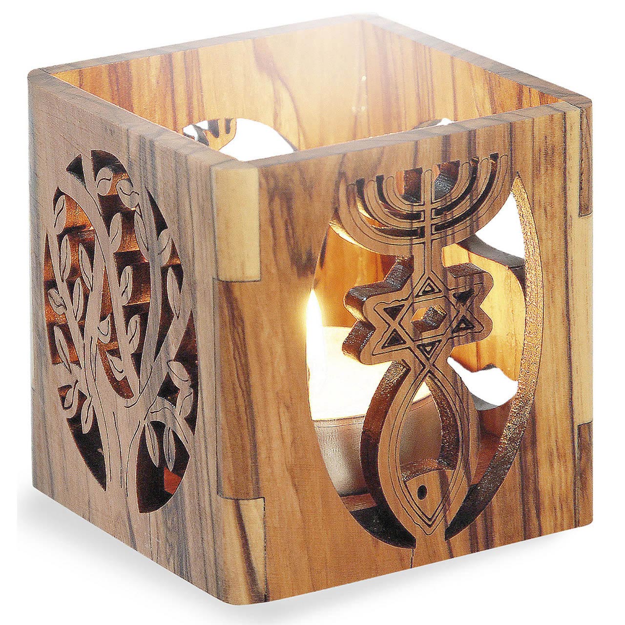 Teelichthalter: Olivenbaum und messianisches Symbol