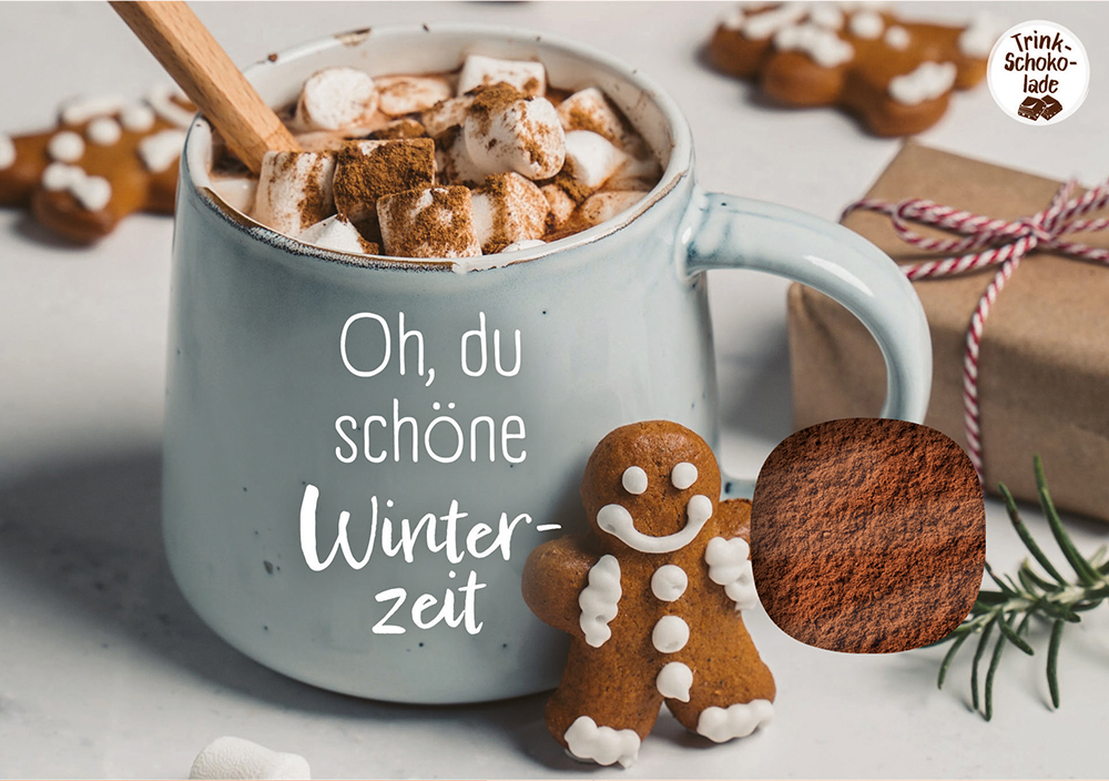Lebensmittel-Karte - Schokokarte 'Oh, du schöne Winterzeit' - Karte Kakau Lebkuchenmann Tasse Marshmallow Geschenk Löffel