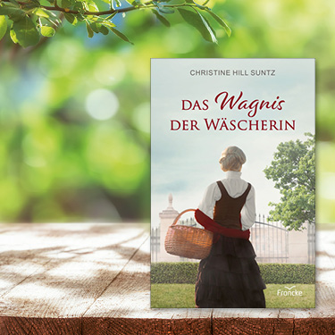 Das Buch ‚Das Wagnis der Wäscherin‘ von Christine Hill Suntz, dargestellt vor einer verschwommenen Naturkulisse.