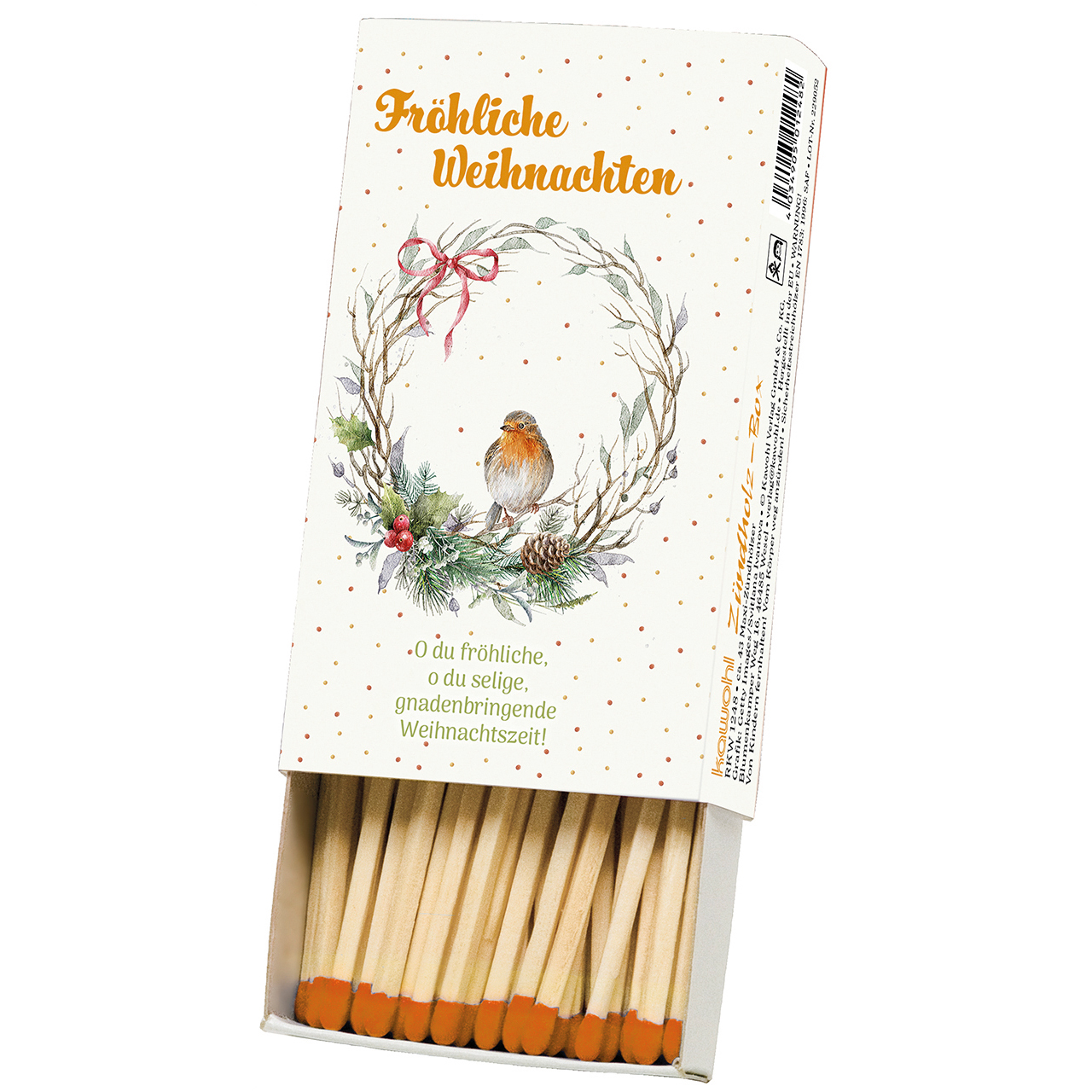 Streichhölzer - Fröhliche Weihnachten - Rotkehlchen Aquarell Kranz Tannenzapfen Schleife Deko