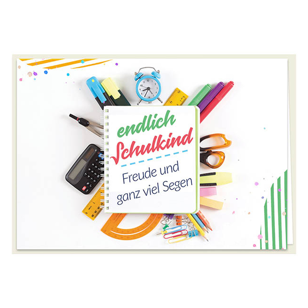 Faltkarte - Faltkarte 'endlich Schulkind' 1EX - Block Wecker Stifte Lineal Heftklammern Schere Zirkel Taschenrechner