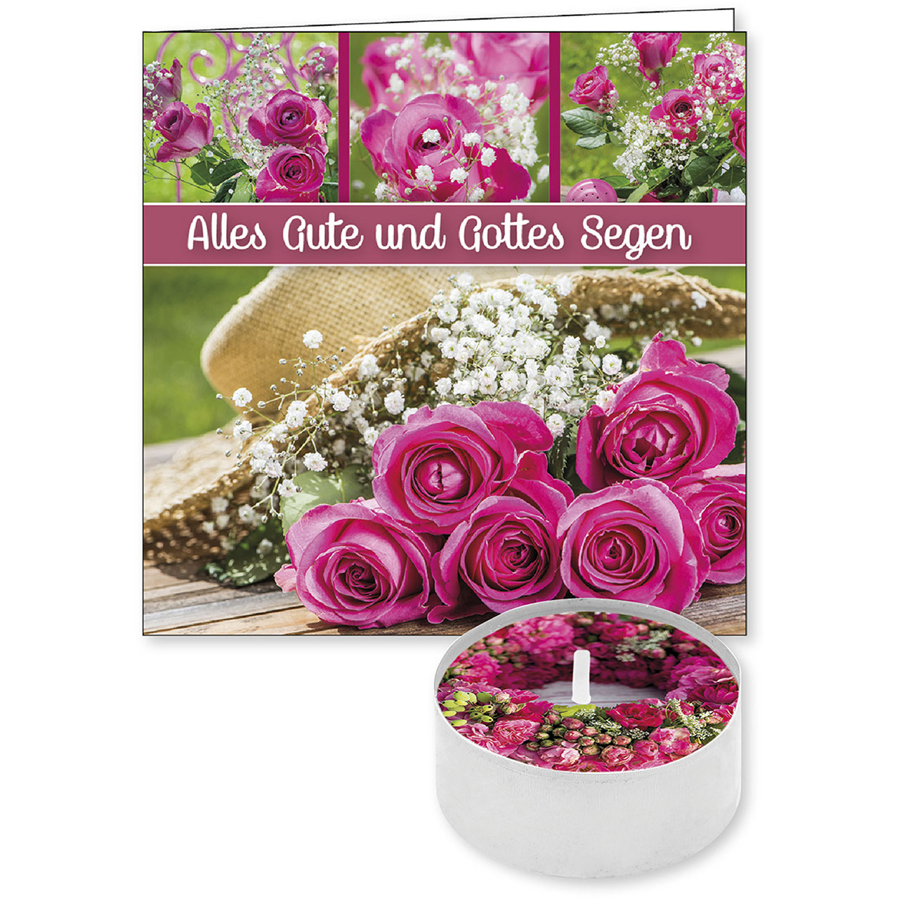 Teelicht mit Grußkarte - Alles Gute und Gottes Segen - Collagen / Rosen