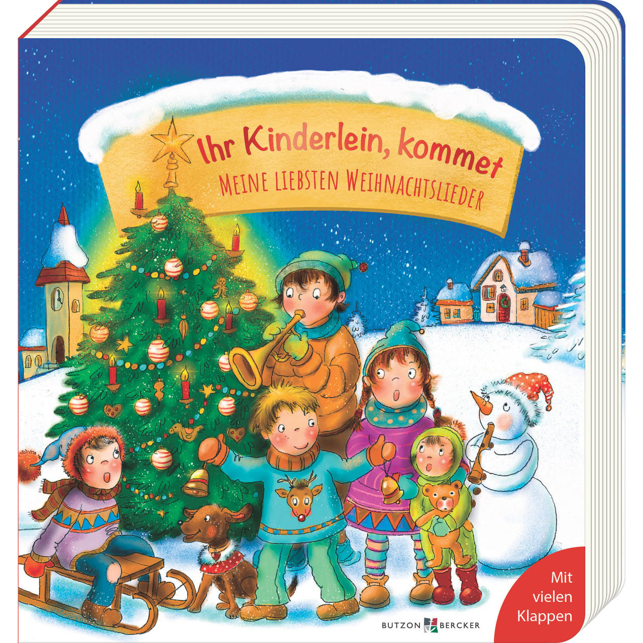 Buch - Ihr Kinderlein kommet - Kinder Tannenbaum Schlitten Häuser Kirche Trompete Schnee Hund Schneemann Teddybär