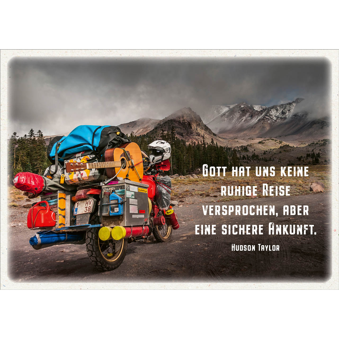 Postkarten - Postkarte 'Ruhige Reise' 12EX - Berge Wolken Mottorrad Gitarre Wald Gepäck