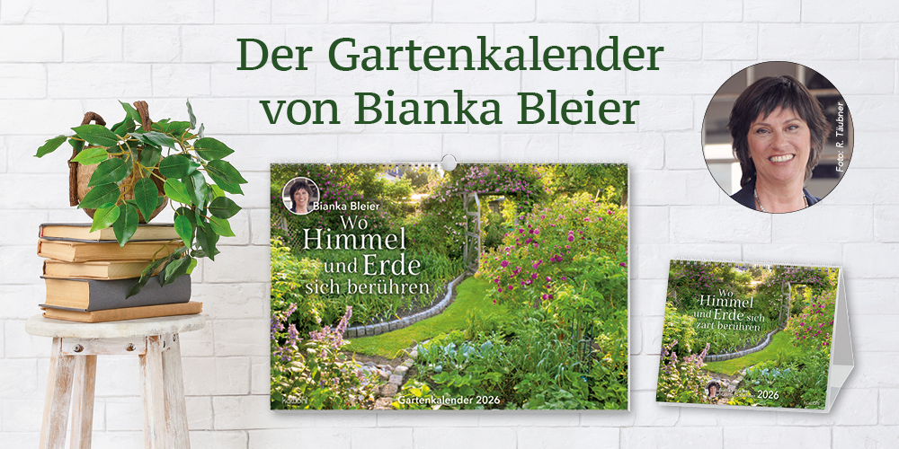 Banner für den Garten-Kalender von Bianka Bleier mit einem dekorativen Gartenmotiv und einem Portrait von der Autorin.