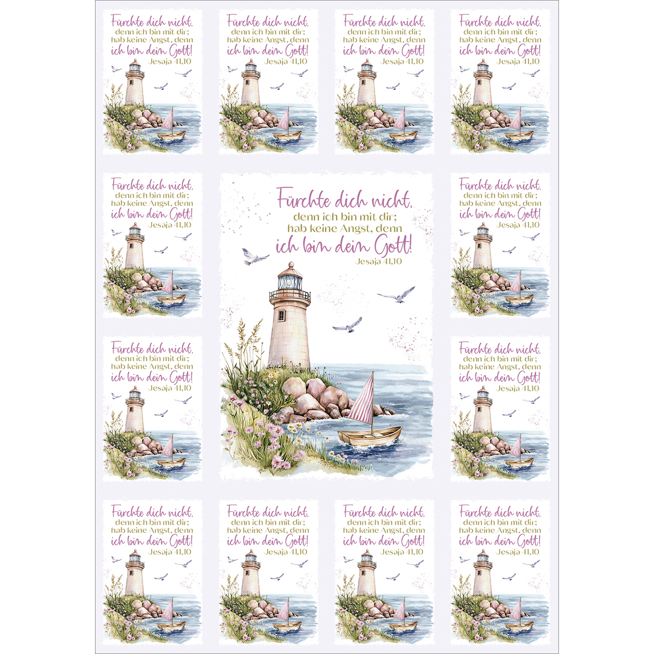 Postkarten mit Aufklebern - Fürchte dich nicht, denn ich bin mit dir - Grafik Leuchtturm Boot Möve Stenne Blumen Wasser Meer
