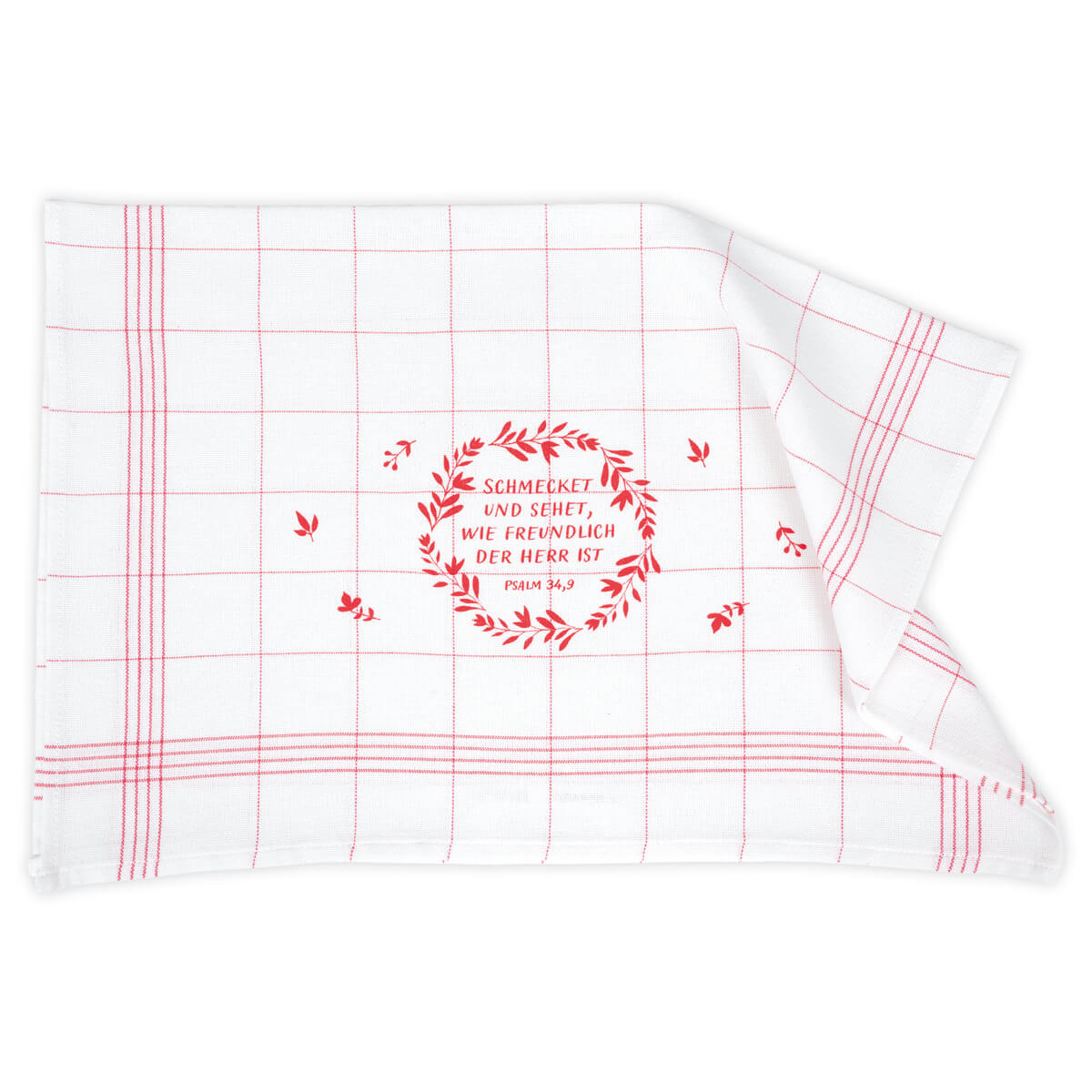Geschirrtuch - Geschirrtuch 'Schmecket und sehet, wie freundlich der Herr ist.' - Blätterkranz Tuch Karomuster