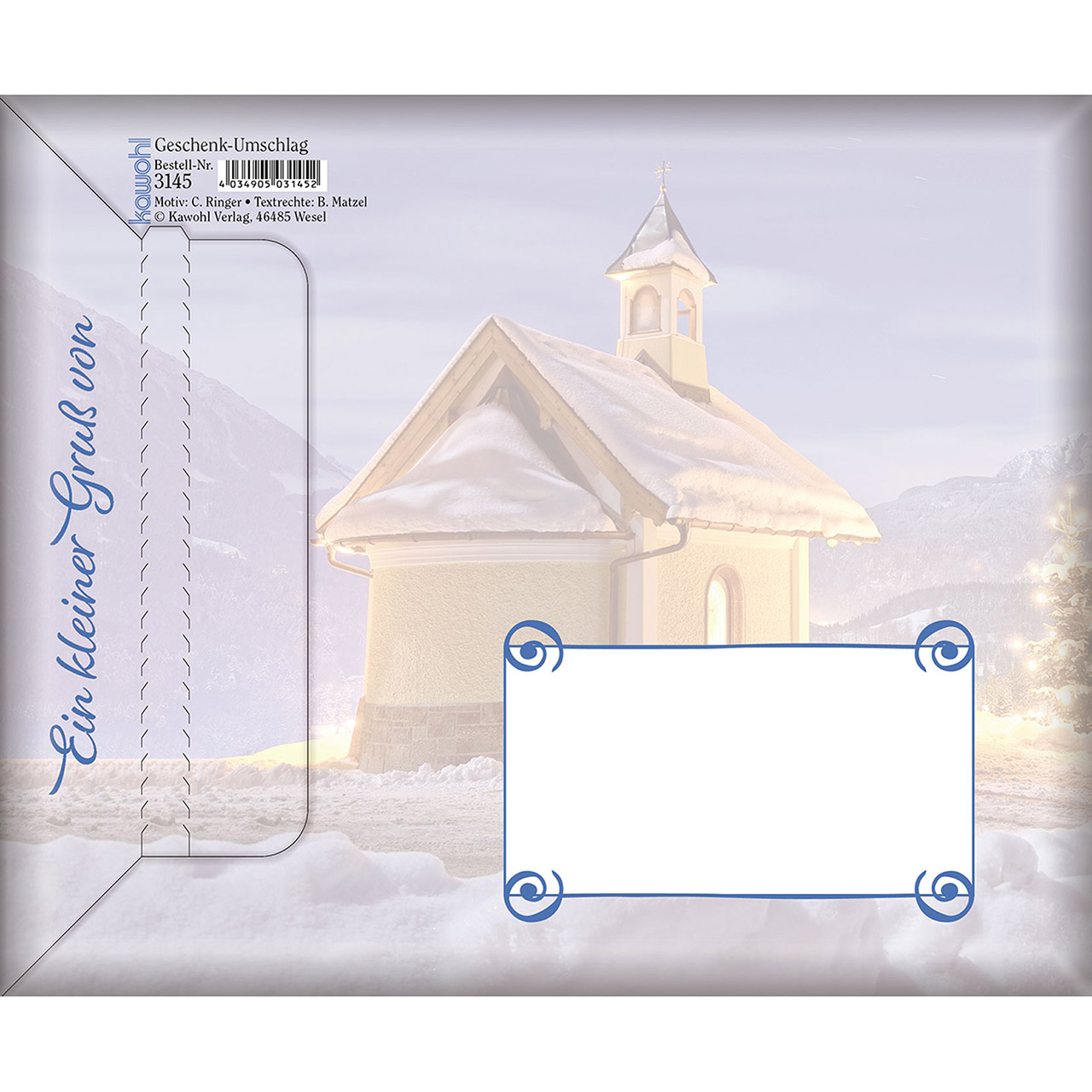 Umschlag - Gesegnete Weihnachten - Kirche Schnee Berge Tannenbaum Weihnachtsbaum