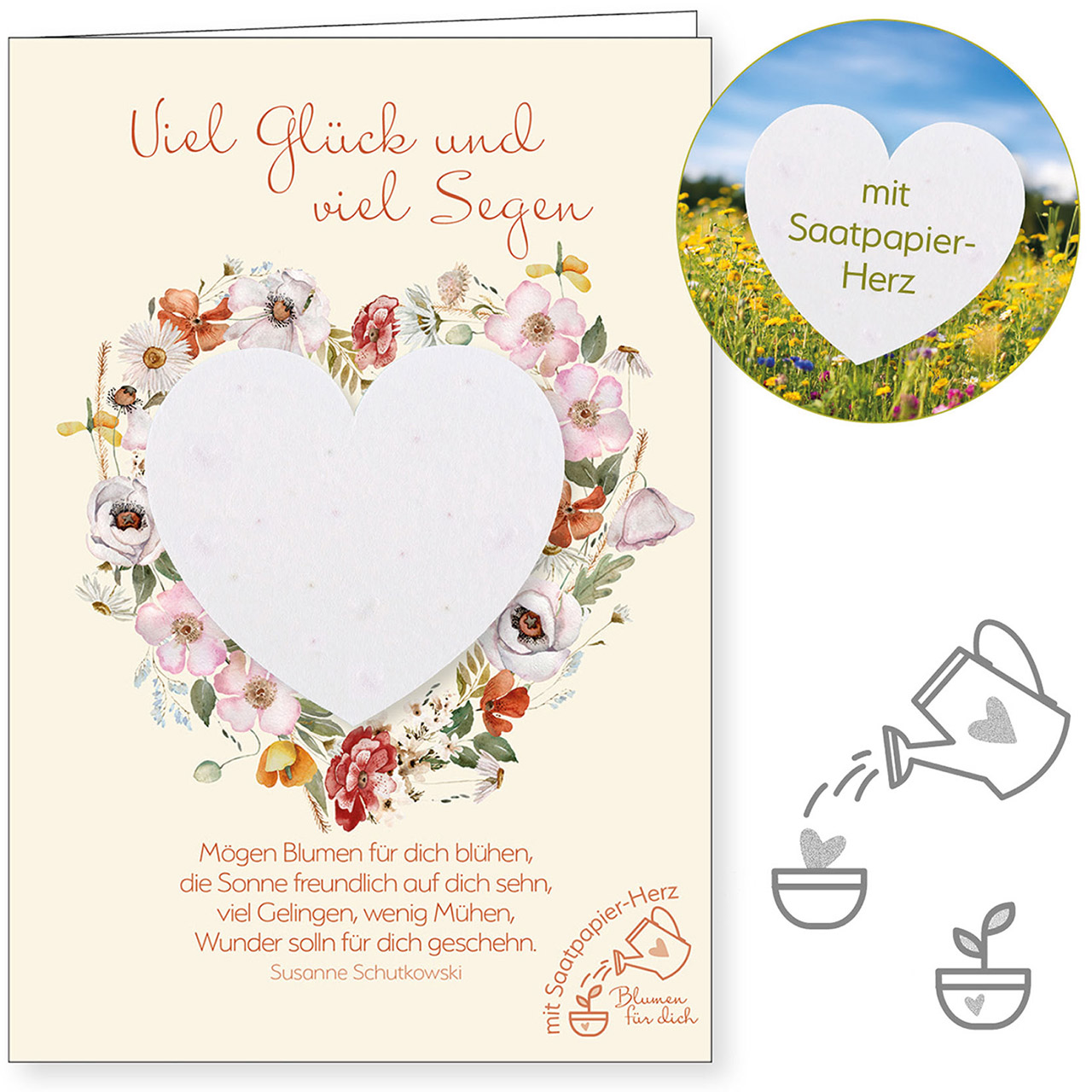 Viel Glück und viel Segen Faltkarte - Viel Glück und viel Segen - Grafik Aquarell Blumenherz