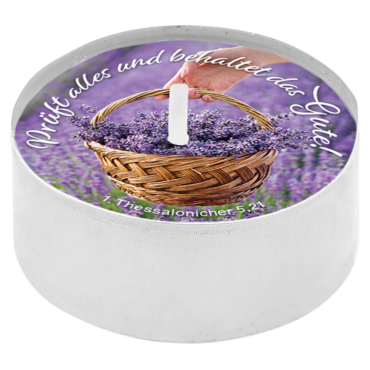 Teelicht mit Grußkarte - Prüft alles und behaltet das Gute! - Lavendelkorb Lavendel Hand Feld