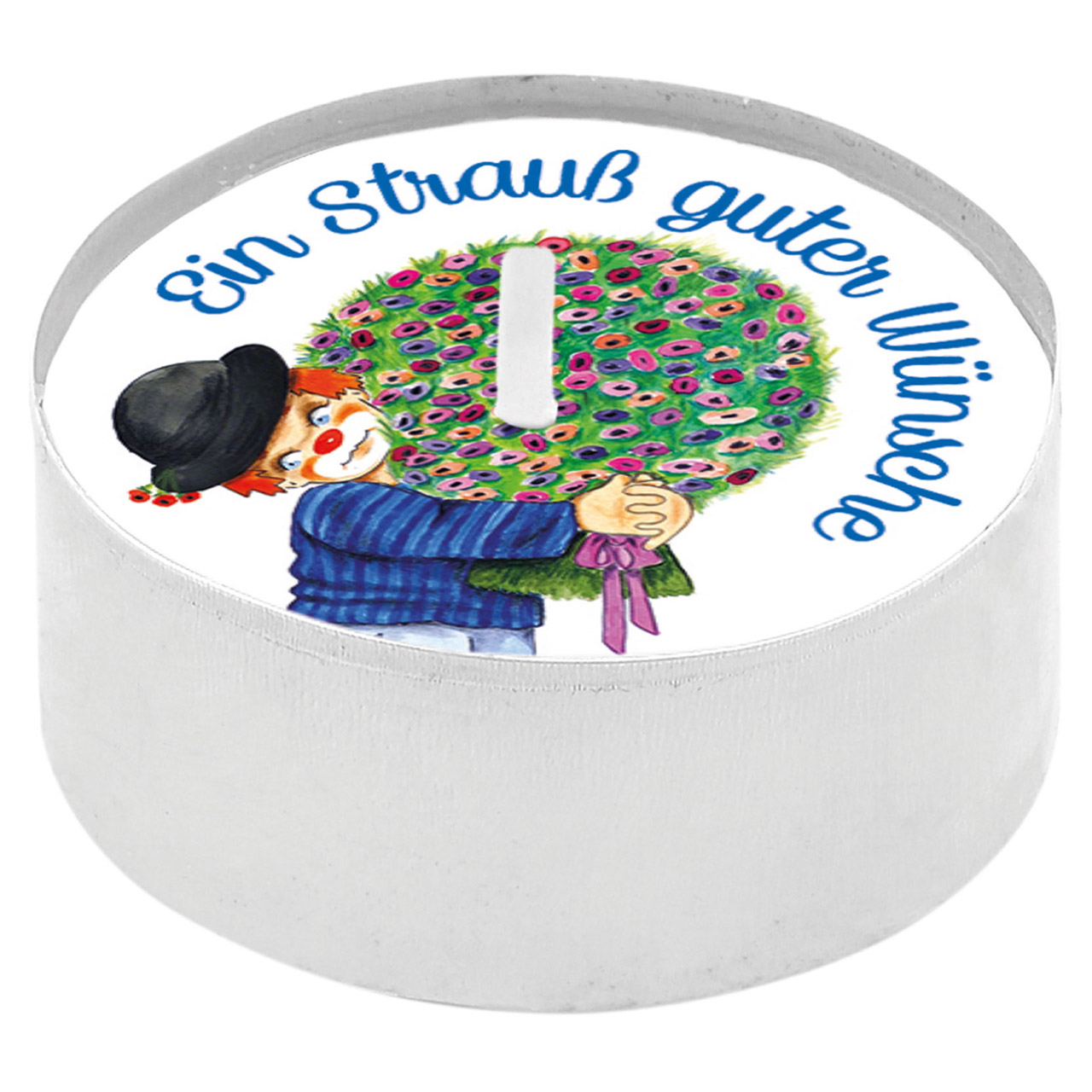Teelicht mit Grußkarte - Ein Strauß guter Wünsche zum Geburtstag - Clown Blumenstrauß