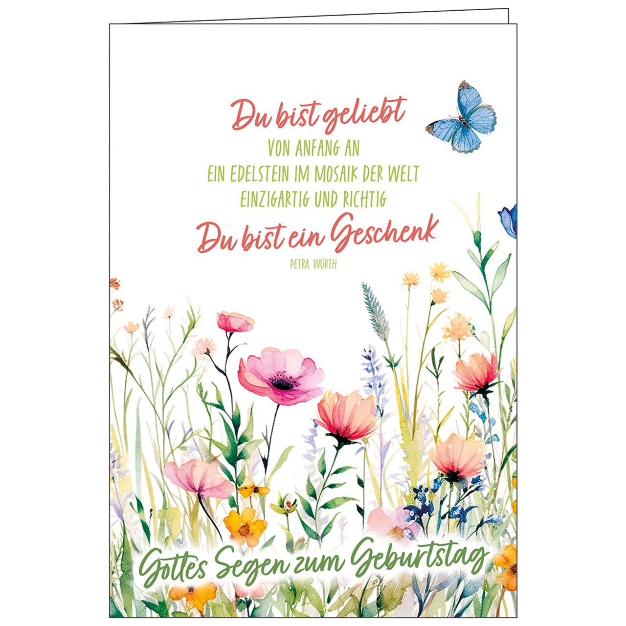 Faltkarte - Gottes Segen zum Geburtstag - Aquarell Blumen farbenfroh bunt Schmetterling Klatschmohn