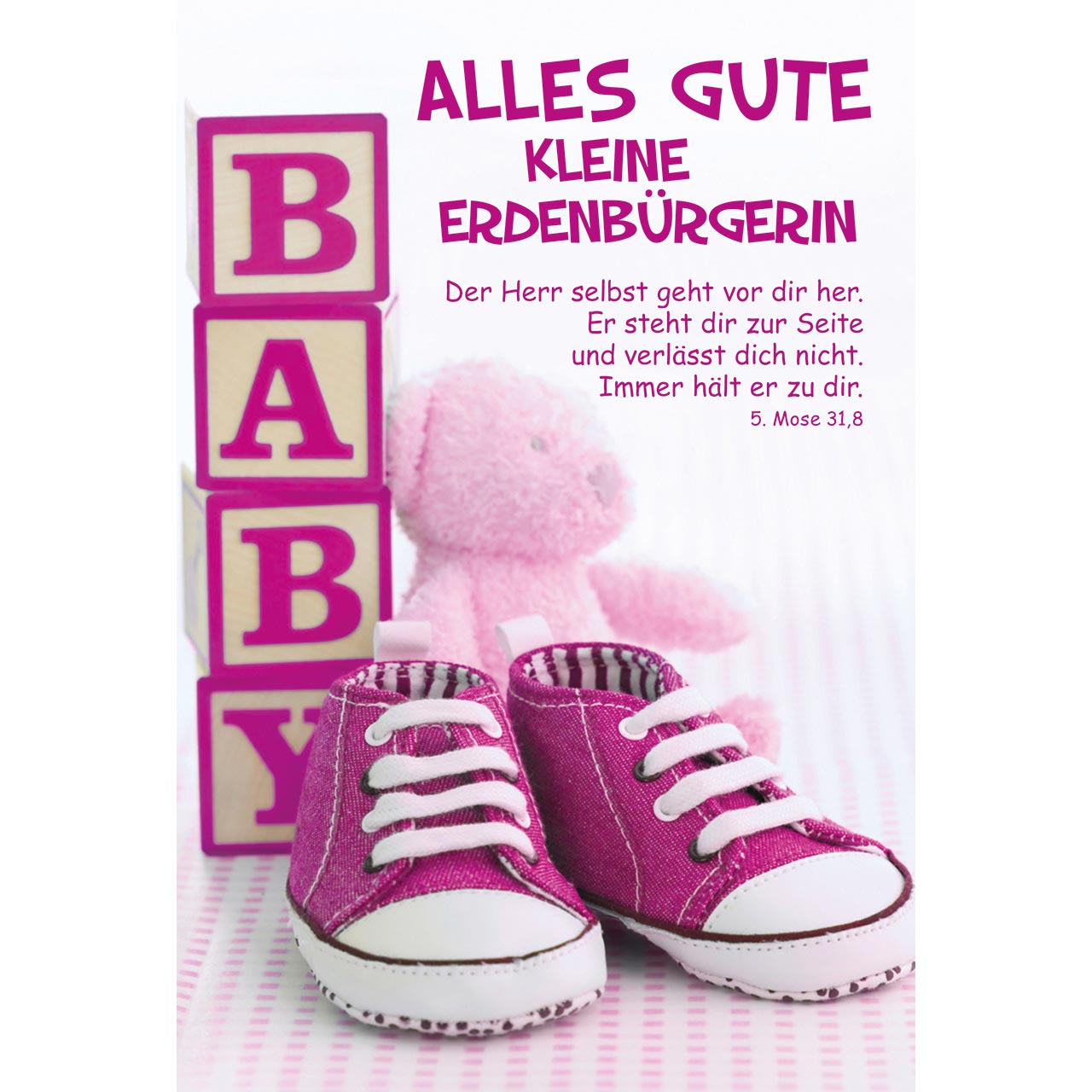 Faltkarte - Alles Gute kleiner Erdenbürgerin - Buchstabenwürfel Schuhe Teddy