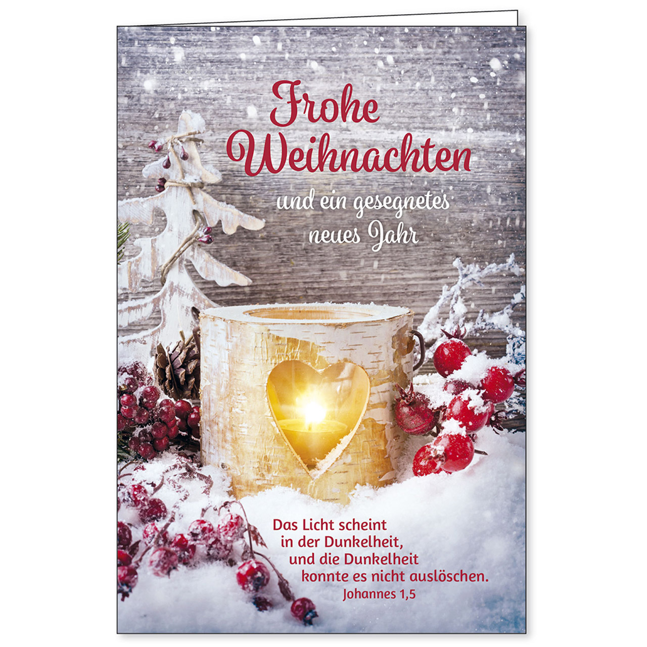 Frohe Weihnachten und ein gesegnetes neues Jahr Faltkarte - Frohe Weihnachten und ein gesegnetes neues Jahr - Teelichthalter Herz Beeren Schnee Zweige
