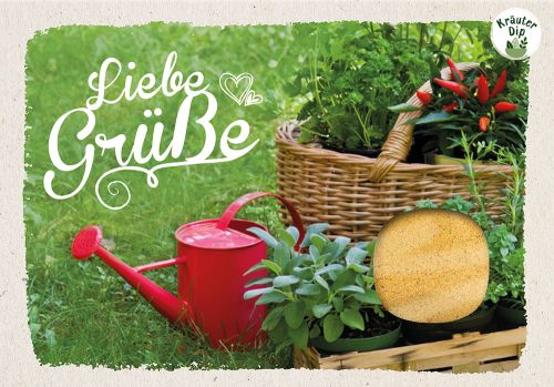 Lebensmittel-Karte - Dipkarte 'Liebe Grüße' - Kräuterkorb Gießkanne