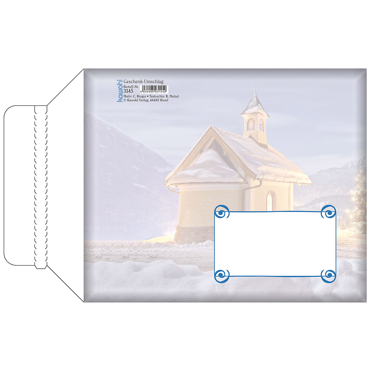 Umschlag - Gesegnete Weihnachten - Kirche Schnee Berge Tannenbaum Weihnachtsbaum
