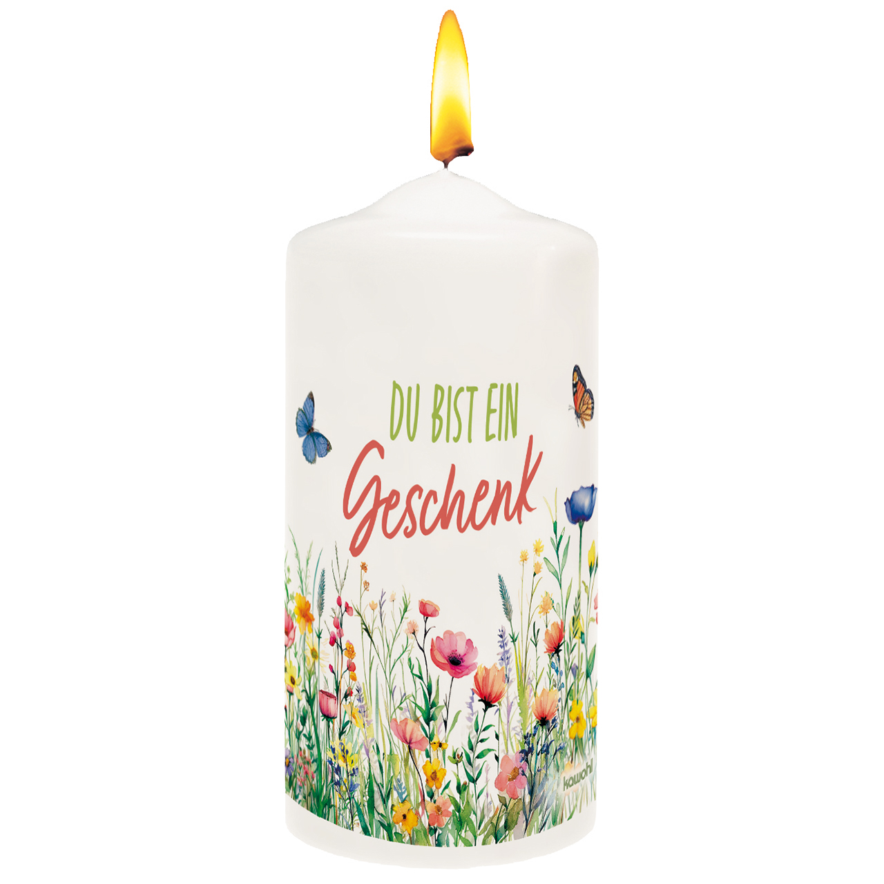 Kerze - Du bist ein Geschenk - Aquarellblumen bunt Schmetterling