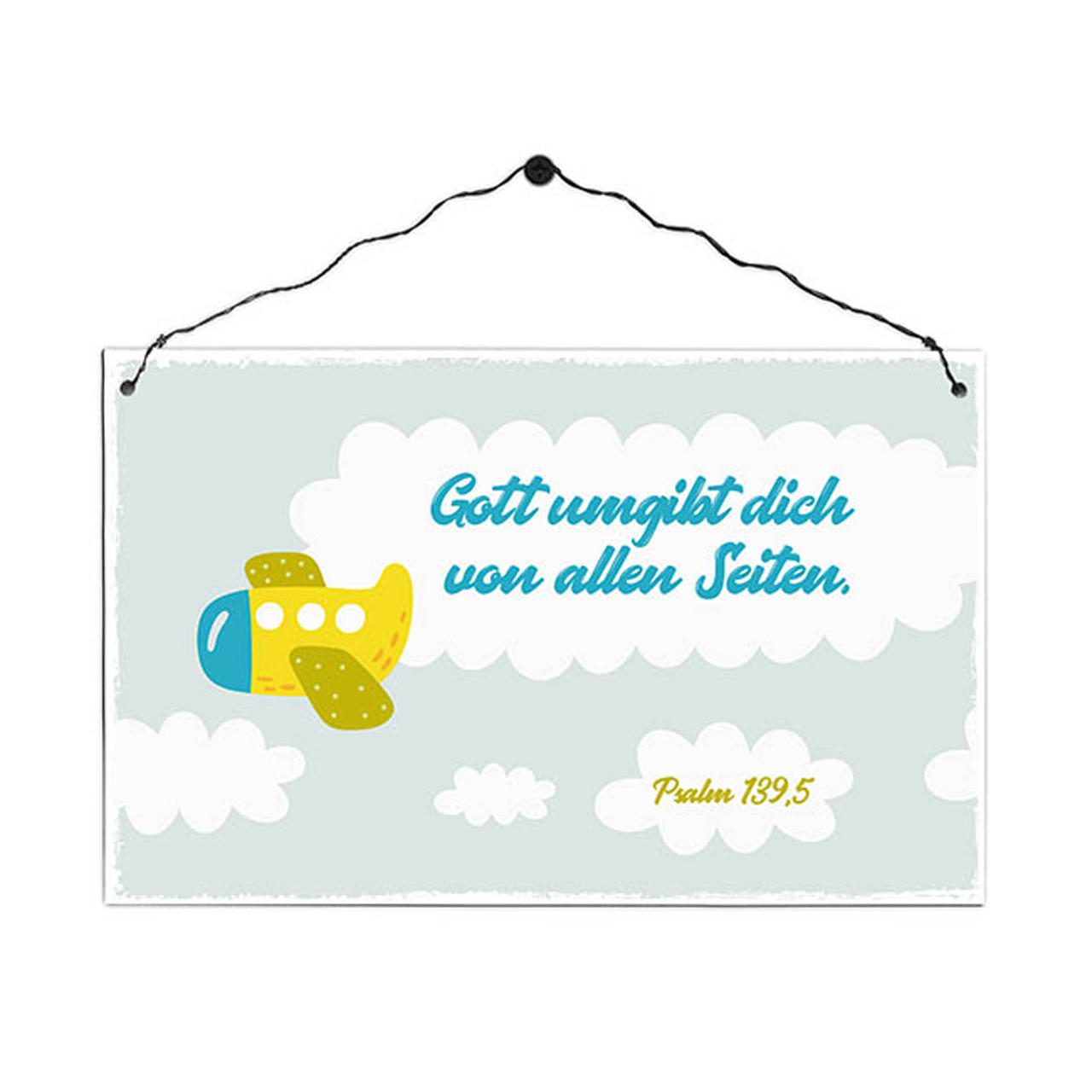 Wanddekoration - Holzschild 'Gott umgibt dich von allen Seiten.'             Psalm 139,5 - Flugzeug Wolken Holz Metallhaken