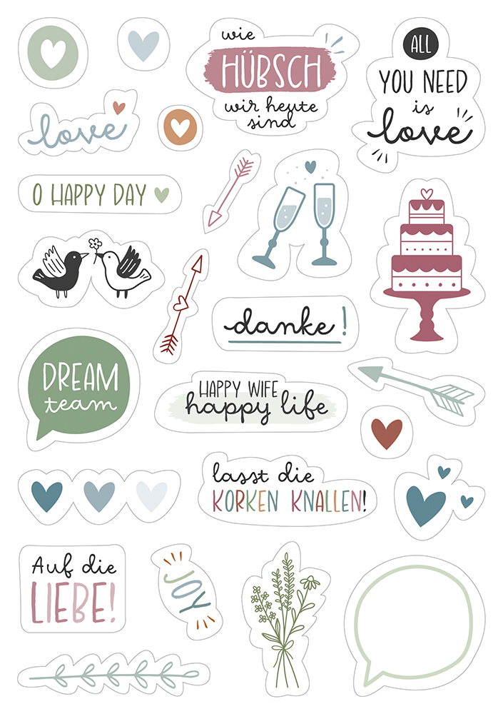 Aufkleber - Sticker-Set Hochzeit - Sticker Herz Gläser Pfeil Torte Luftballons
