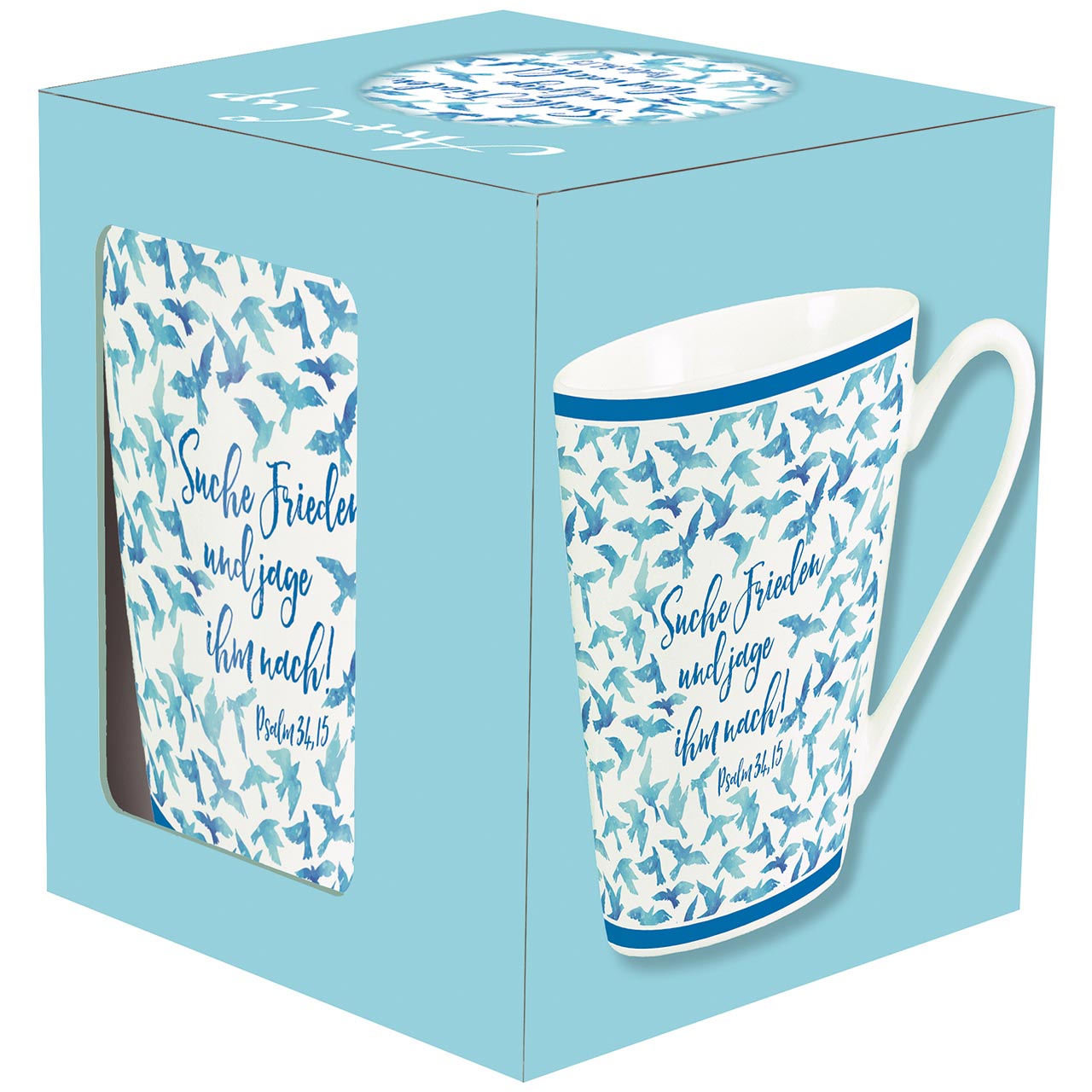 Tasse - Suche Frieden und jage ihm nach! - fliegende Tauben / Aquarell-Motiv / in hellen Blautönen<br />