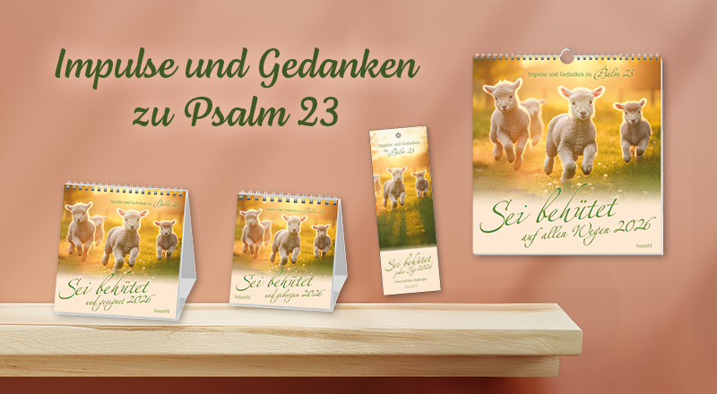 Banner mit Kalendern, die Schafe zeigen, und dem Titel "Impulse und Gedanken zu Psalm 23".