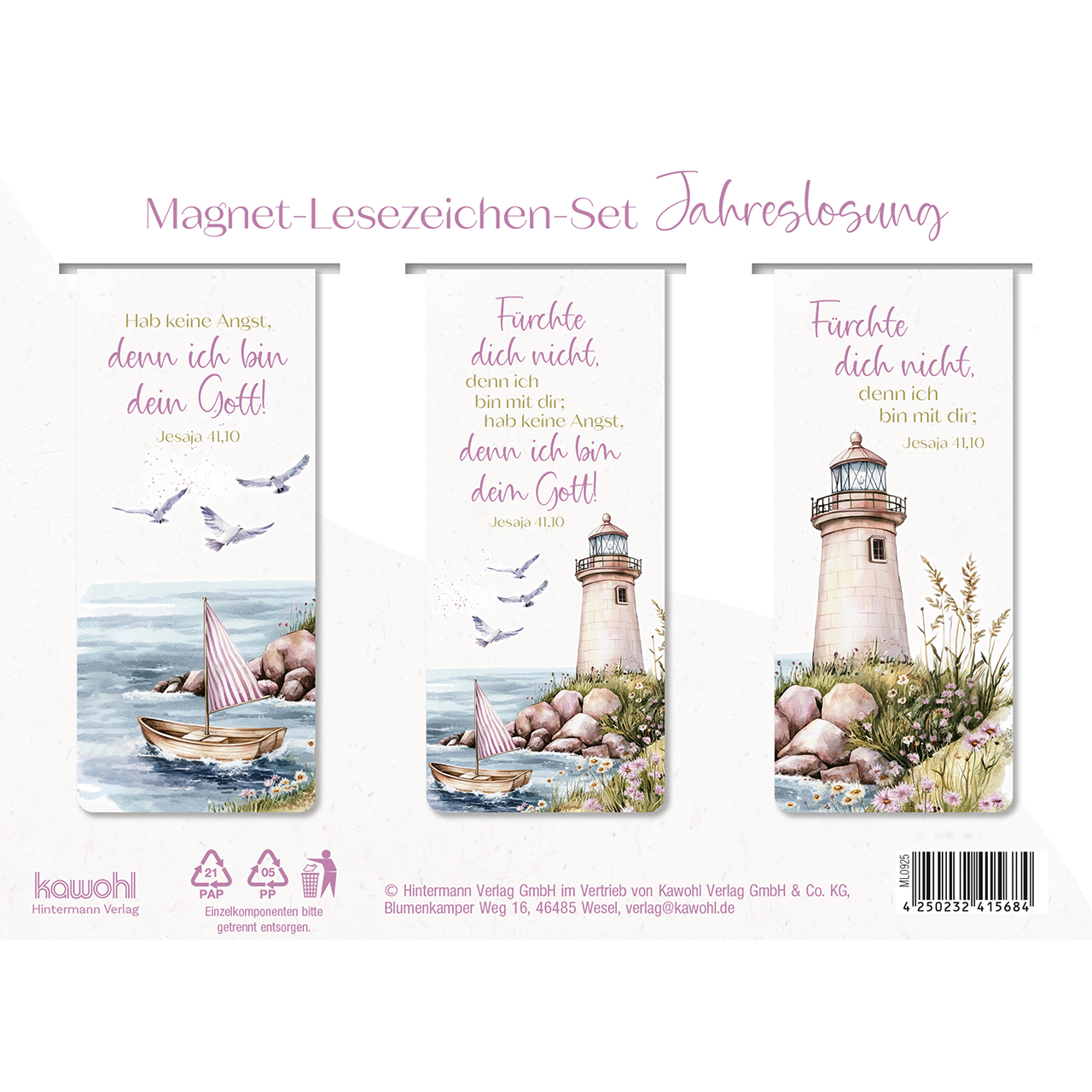 Lesezeichen - Fürchte dich nicht, denn ich bin mit dir; - Grafik Leuchtturm Boot Möve Stenne Blumen Wasser Meer