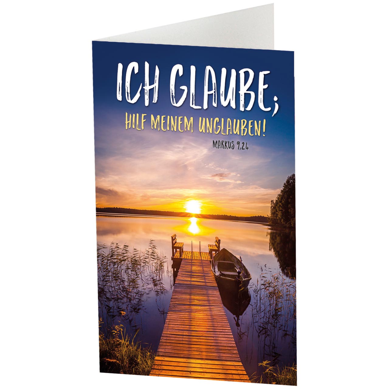 Tasse - Ich glaube: hilf meinem Unglauben! - Steg mit Boot am See, Sonnenuntergang