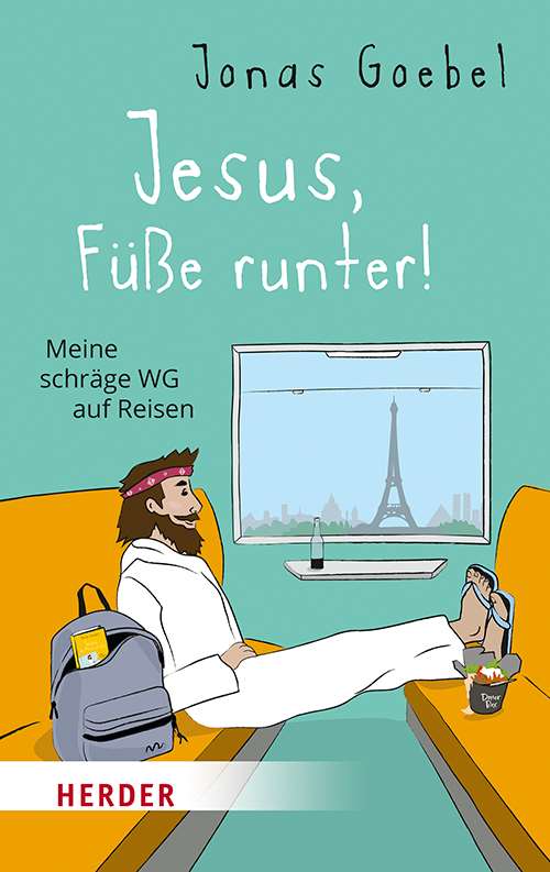 Buch - Jesus, Füße runter! - Mann Bänke Rucksack Fenster Eifelturm